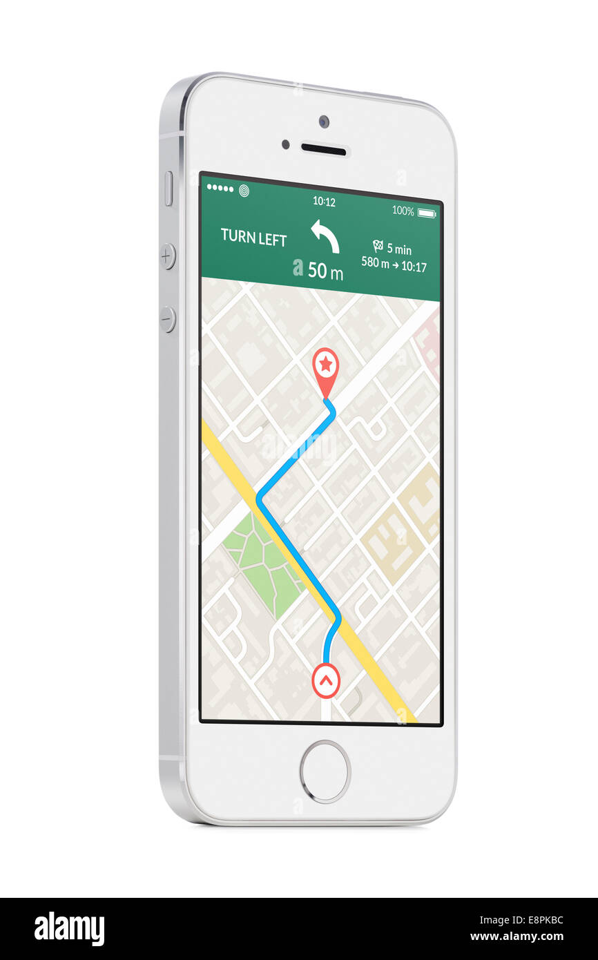 Vue de bas en haut en rotation à un angle léger moderne blanc téléphone intelligent avec la carte de navigation gps app avec itinéraire sur th Banque D'Images