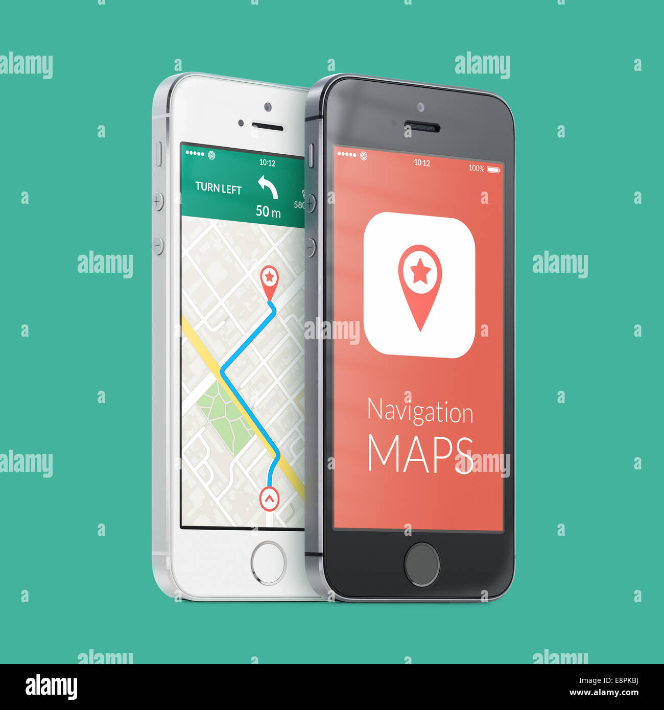 Les smartphones en noir et blanc avec la carte l'application de navigation GPS avec itinéraire sur l'écran sur le vert. Haute qualité. Banque D'Images
