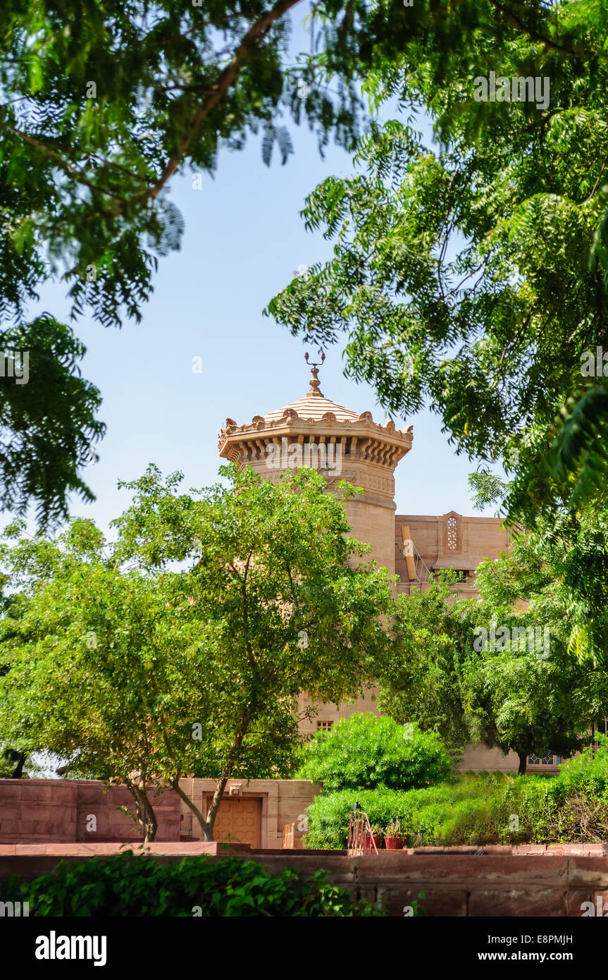 Vue extérieure de l'Umaid Bhawan Palace de Jodhpur, Rajasthan, India Banque D'Images