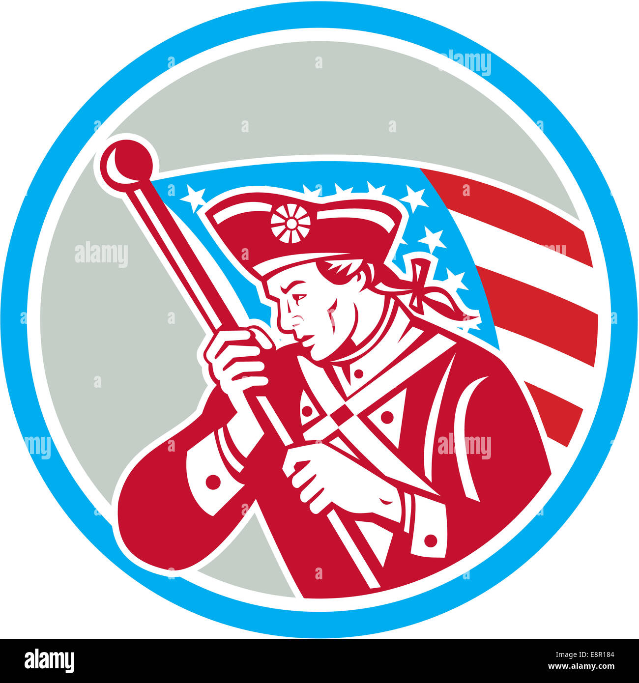 Illustration d'un soldat révolutionnaire patriote américain stars and stripes USA agitant un drapeau à côté de fixer à l'intérieur du cercle fait en style retro Banque D'Images