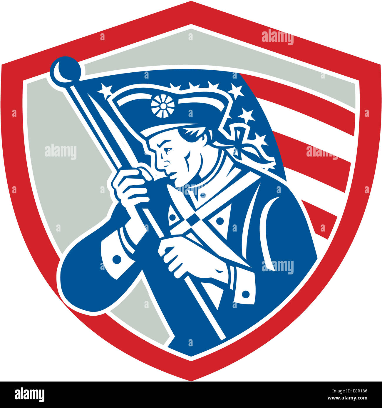 Illustration d'un soldat révolutionnaire patriote américain stars and stripes USA agitant un drapeau à côté de l'écran à l'intérieur set crest fait dans le style rétro Banque D'Images