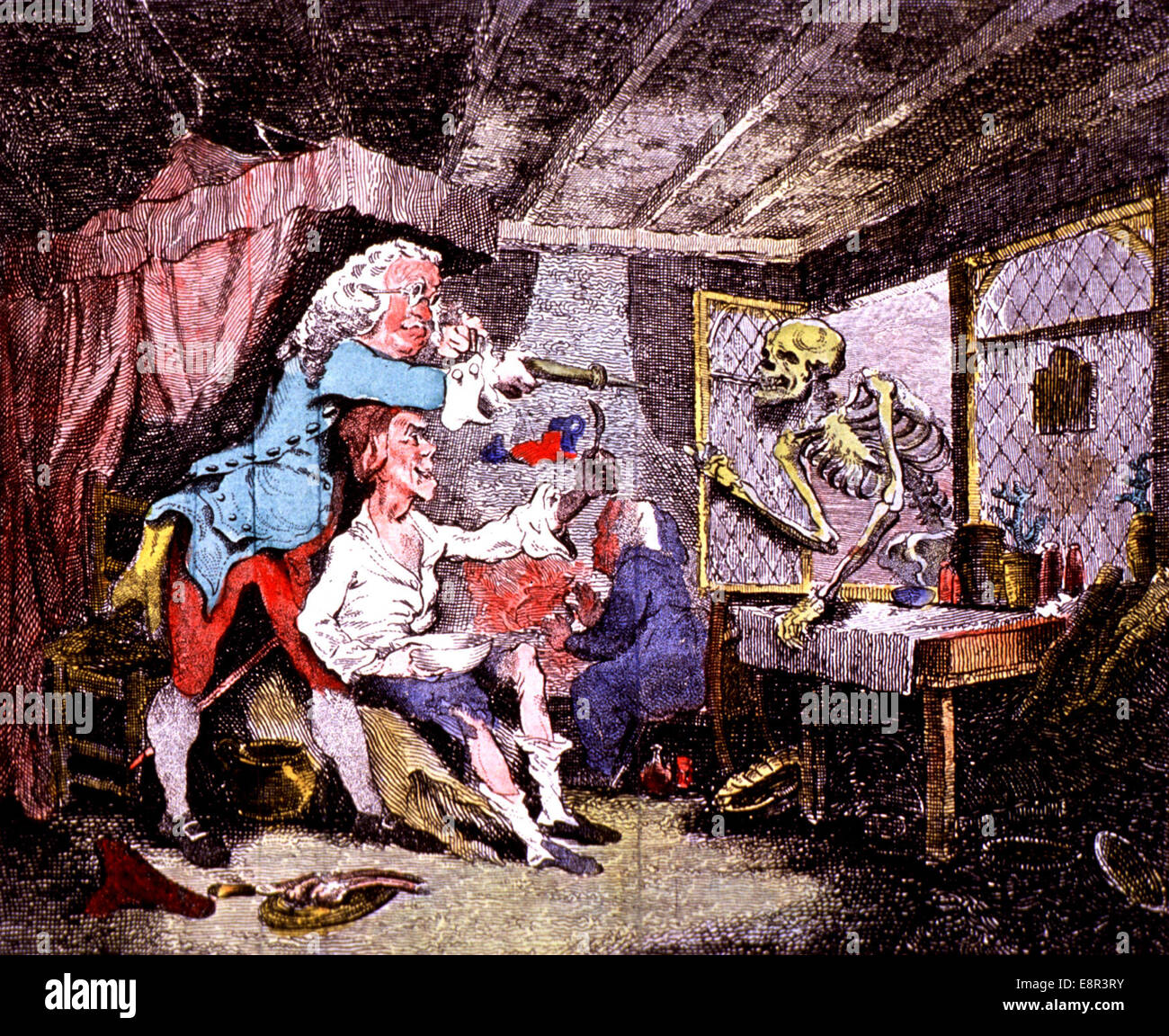 Cette gravure de Thomas Rowlandson, intitulée « le docteur rejetant la mort », représente avec humour un professionnel de la santé agitant la personnification de la mort. Le style satirique de Rowlandson est évident dans cette pièce, qui utilise la couleur et la caricature pour commenter la profession médicale. Banque D'Images