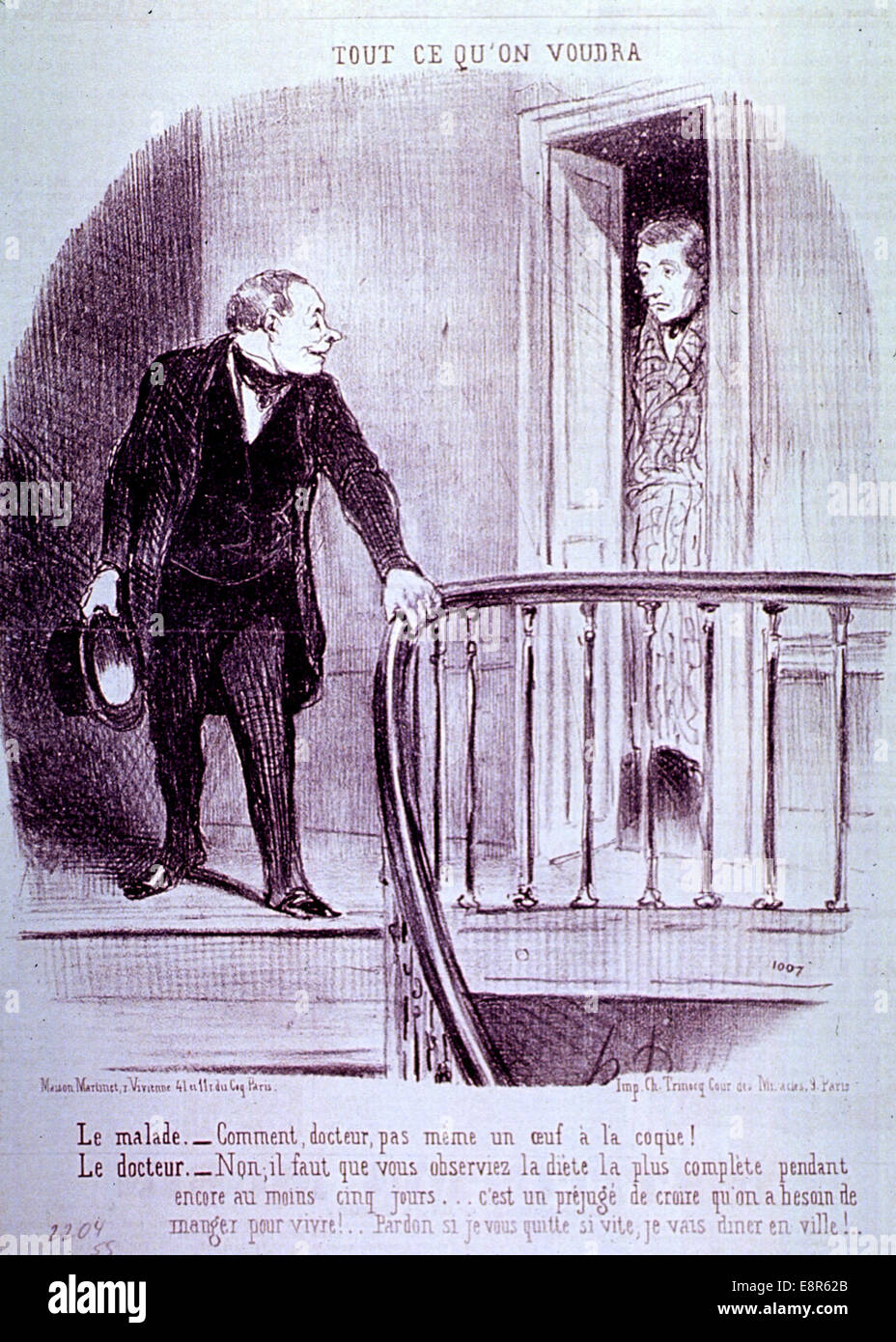 Lithographie d’Honoré Daumier représentant un médecin debout sur un escalier, répondant à la question d’un patient. L’œuvre fait partie de la collection d’illustrations médicales de Daumier et capture l’interaction entre médecin et patient dans un contexte historique. Banque D'Images