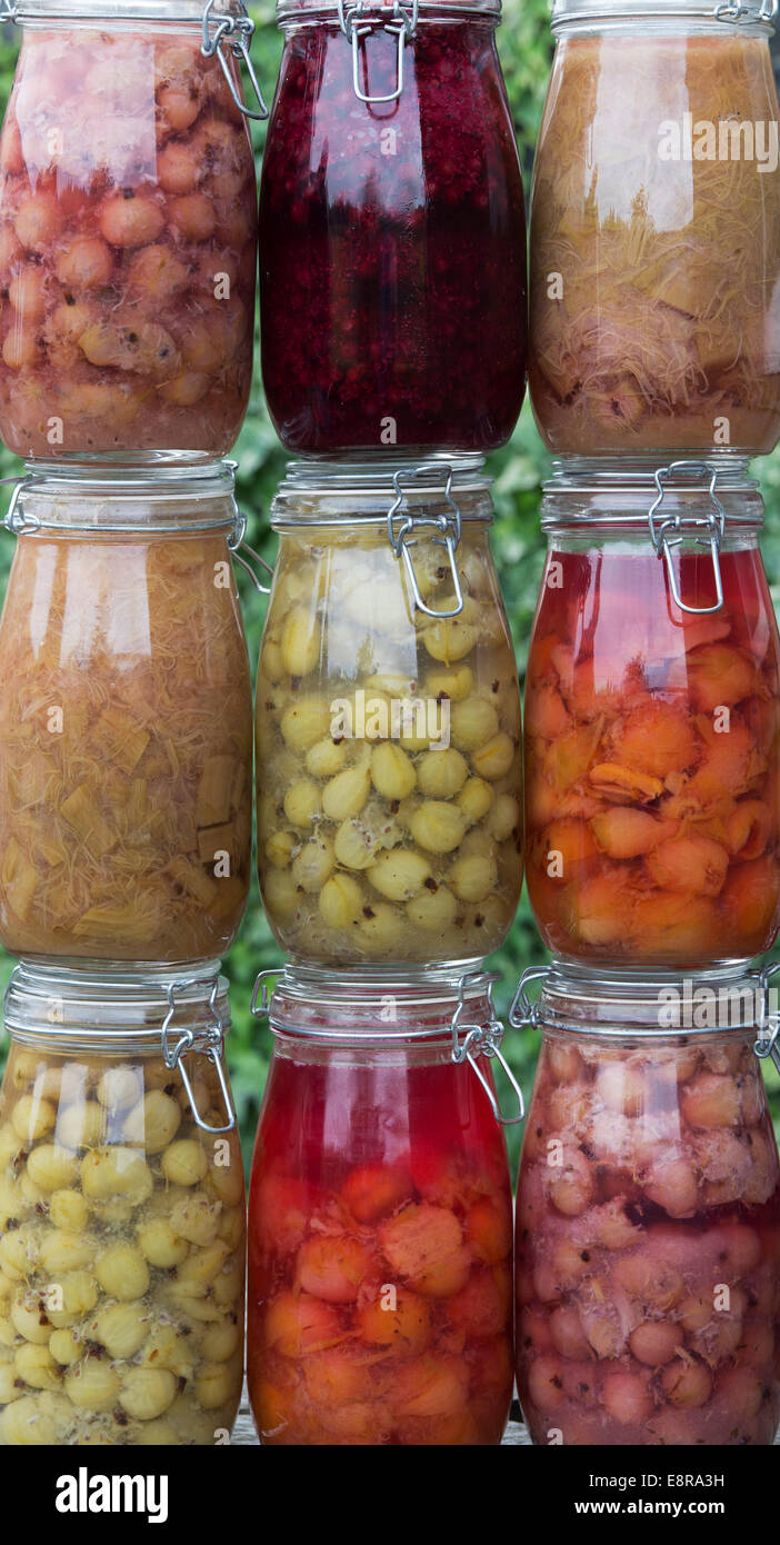 Fruits en bouteille sur une table en bois. L'entreposage des aliments pour l'hiver Banque D'Images