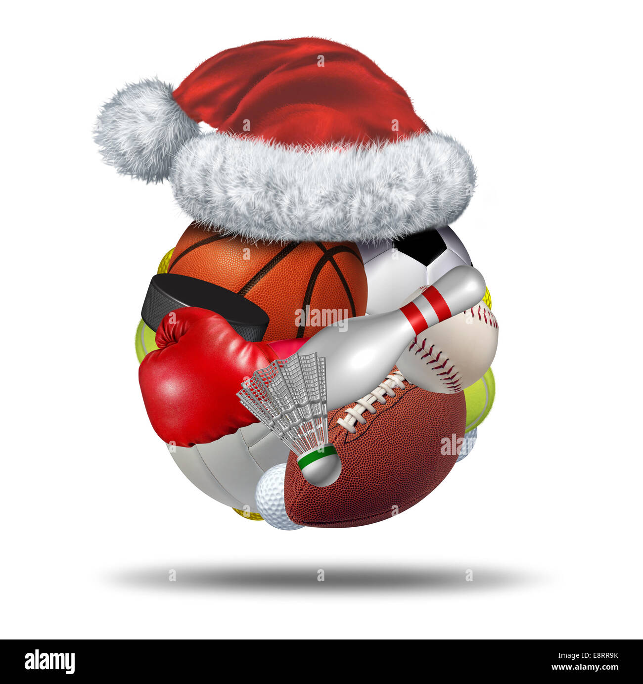 Maison de vacances sportives avec un cadeau de noël santa claus hat sur une sphère avec un groupe d'équipements de sport le football basketball hockey Football Golf Tennis Badminton Baseball football bowling fléchettes et de boxe sur un fond blanc. Banque D'Images
