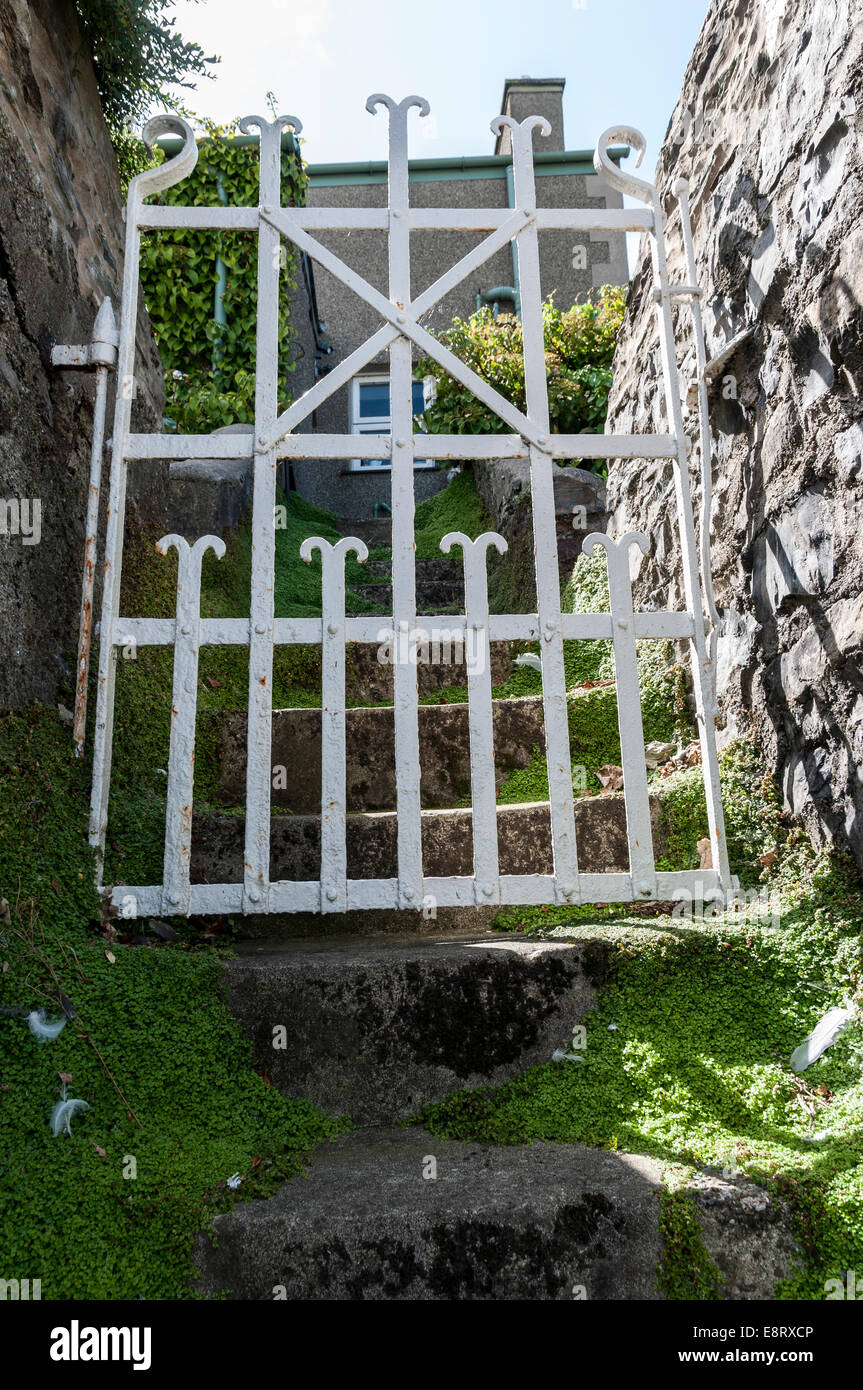 Un portail blanc menant la lutte contre les mauvaises herbes raide montée des mesures pour une maison Banque D'Images