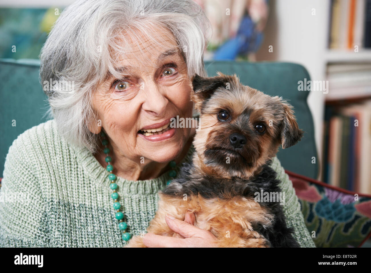 Senior Woman Holding Pet Dog Indoors Banque D'Images