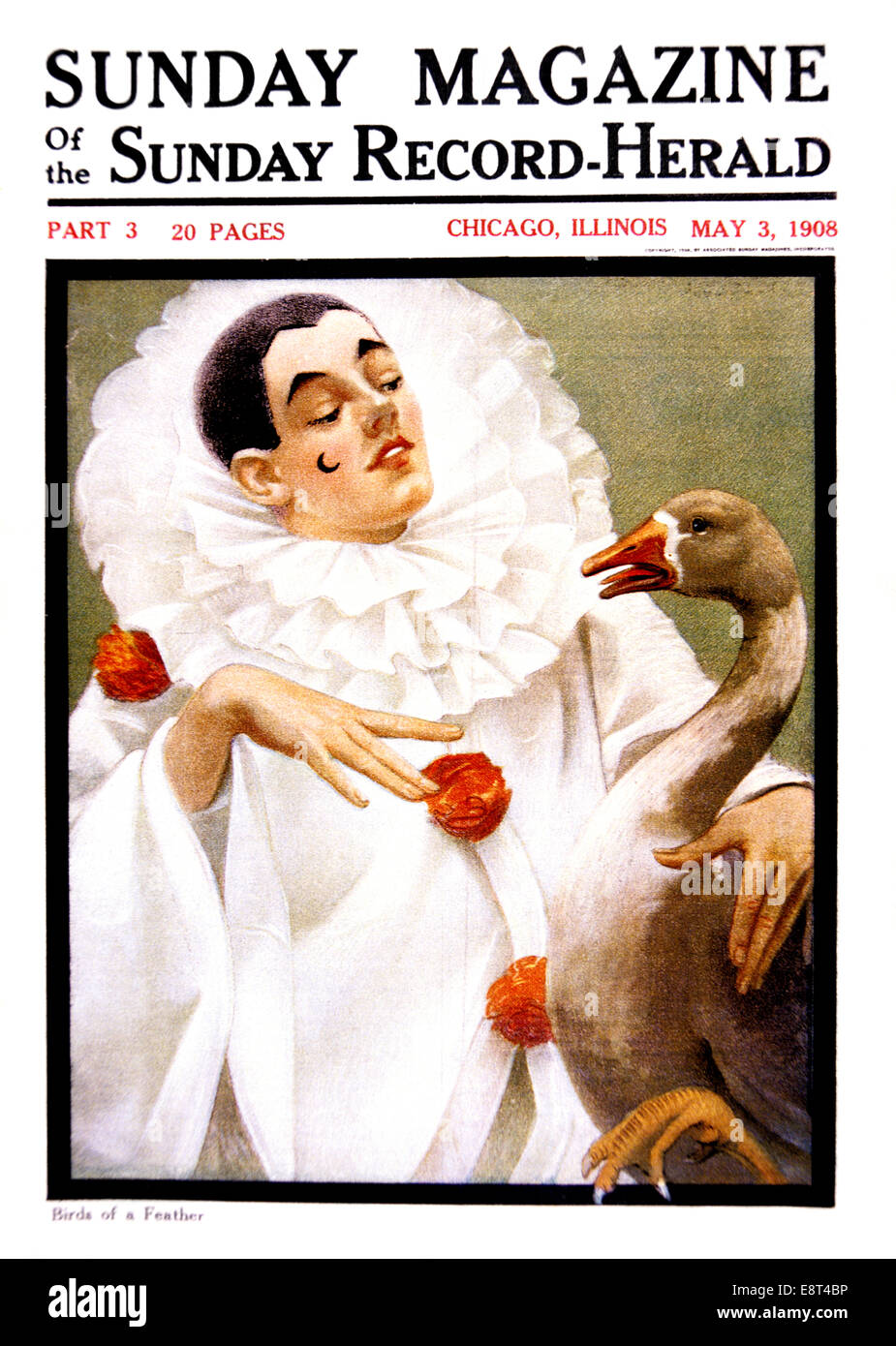 Années 1900 Chicago SUNDAY MAGAZINE COUVRIR 1908 PIERROT CLOWN HOLDING GOOSE Commedia dell'arte, clown triste PANTOMIME FRANÇAIS Banque D'Images