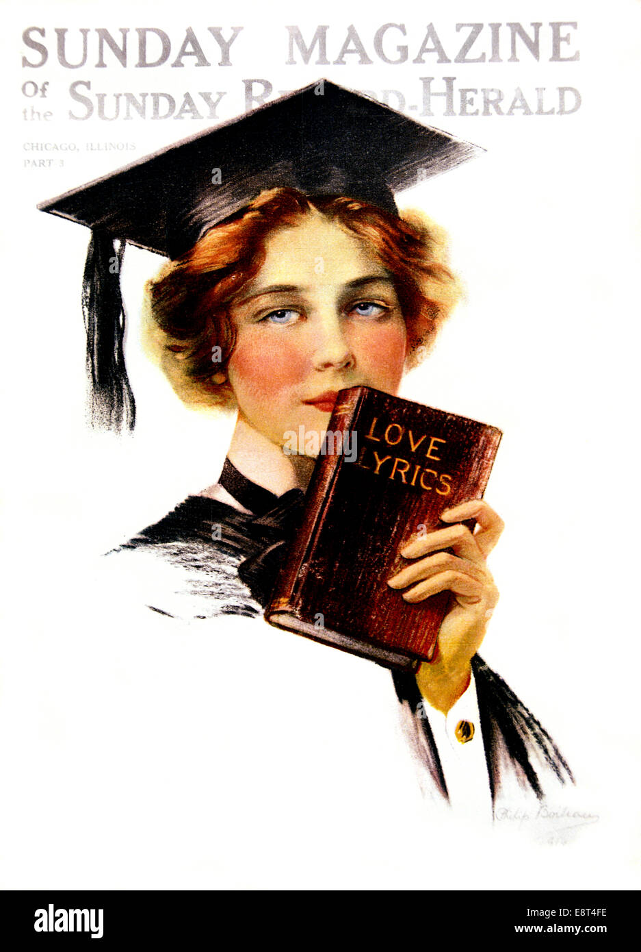 1900s 1914 COUVRIR SUNDAY MAGAZINE YOUNG WOMAN GRADUATE WEARING CAP GOWN HOLDING TITRE DU LIVRE L'AMOUR LYRICS Banque D'Images