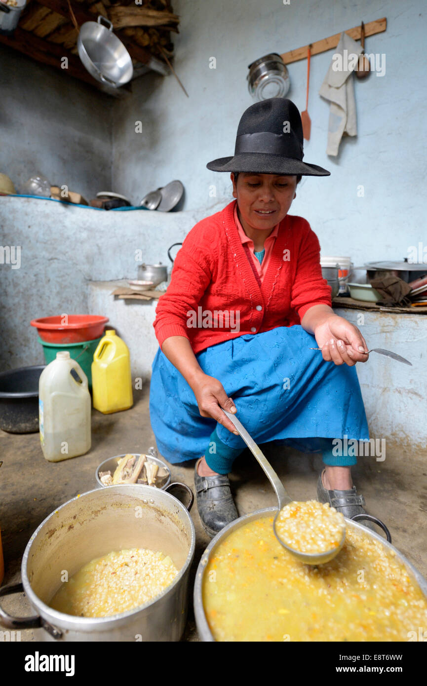 Femme en costume traditionnel cuire un repas dans une cuisine simple, Chuquis, Huanuco, Pérou Province Banque D'Images