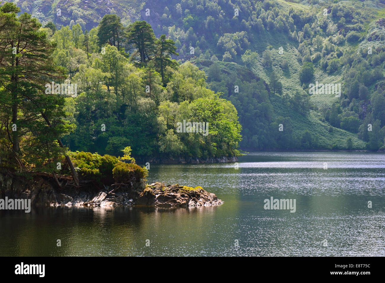 Vue magnifique au bord de l'eau dans le Loch Katrine, Stirling, Ecosse, Central, Royaume-Uni Banque D'Images