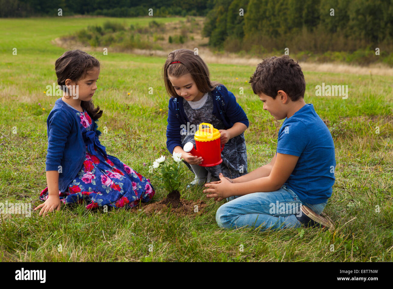 Les enfants le jardinage et arrosage des plantes avec un arrosoir plastique jouet Banque D'Images