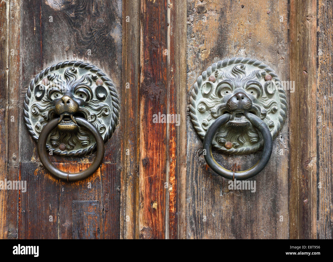 Poignées de porte en bronze en forme de têtes de lions, principal portail d'église Stadtpfarrkirche Maria Himmelfahrt Banque D'Images