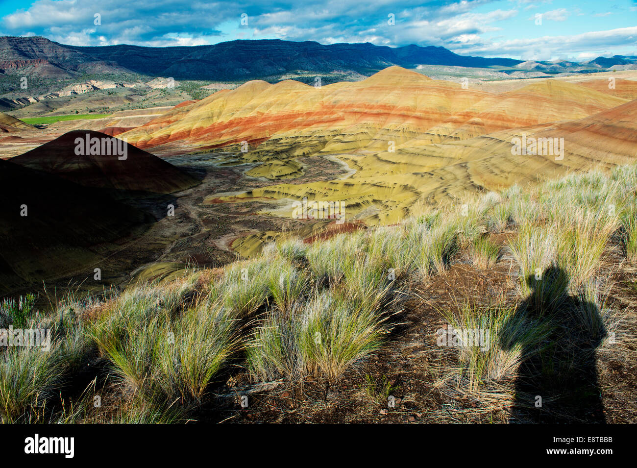 Ombre de photographe photographiant collines peintes dans paysage de désert, Bend, Oregon, United States Banque D'Images