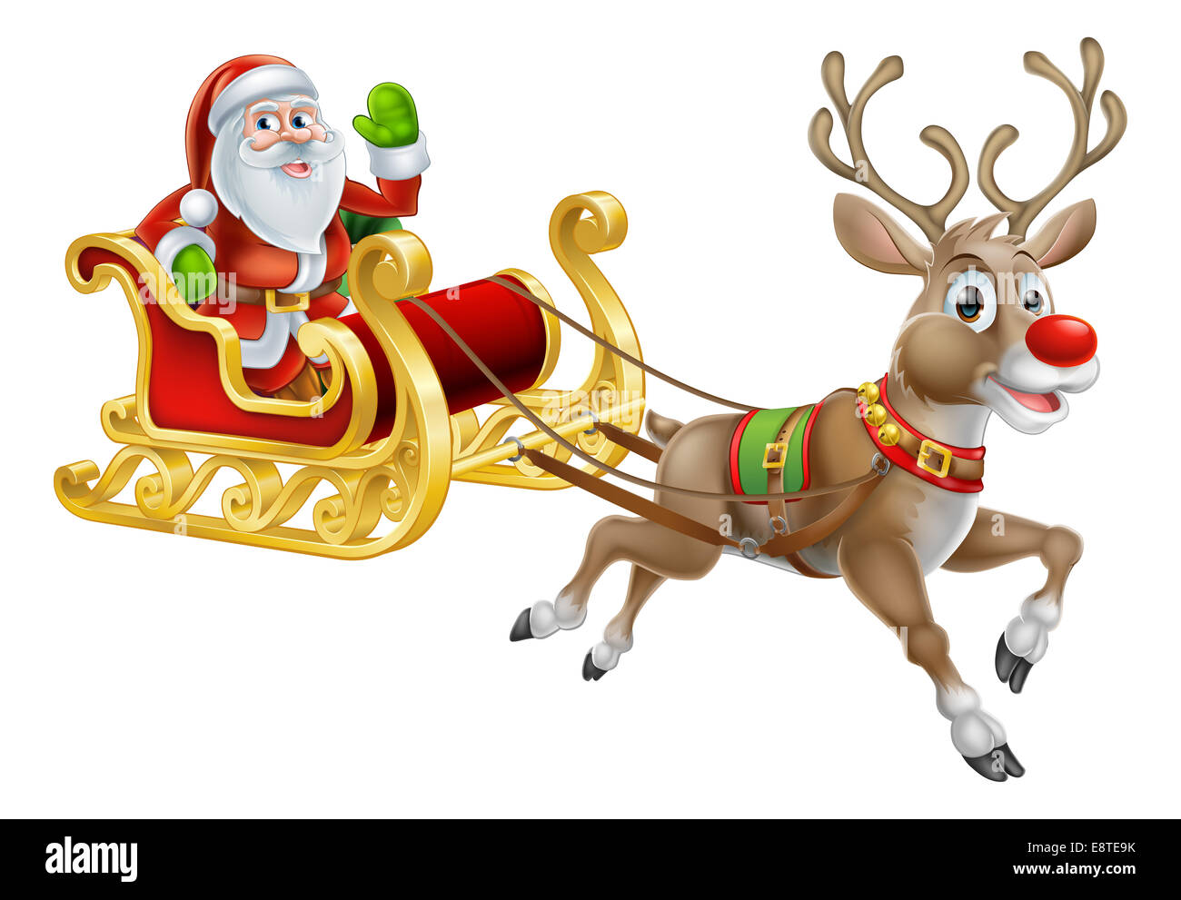 Une illustration du Père Noël équitation dans son traîneau Traîneau de Noël ou la prestation se présente avec son renne au nez rouge Banque D'Images