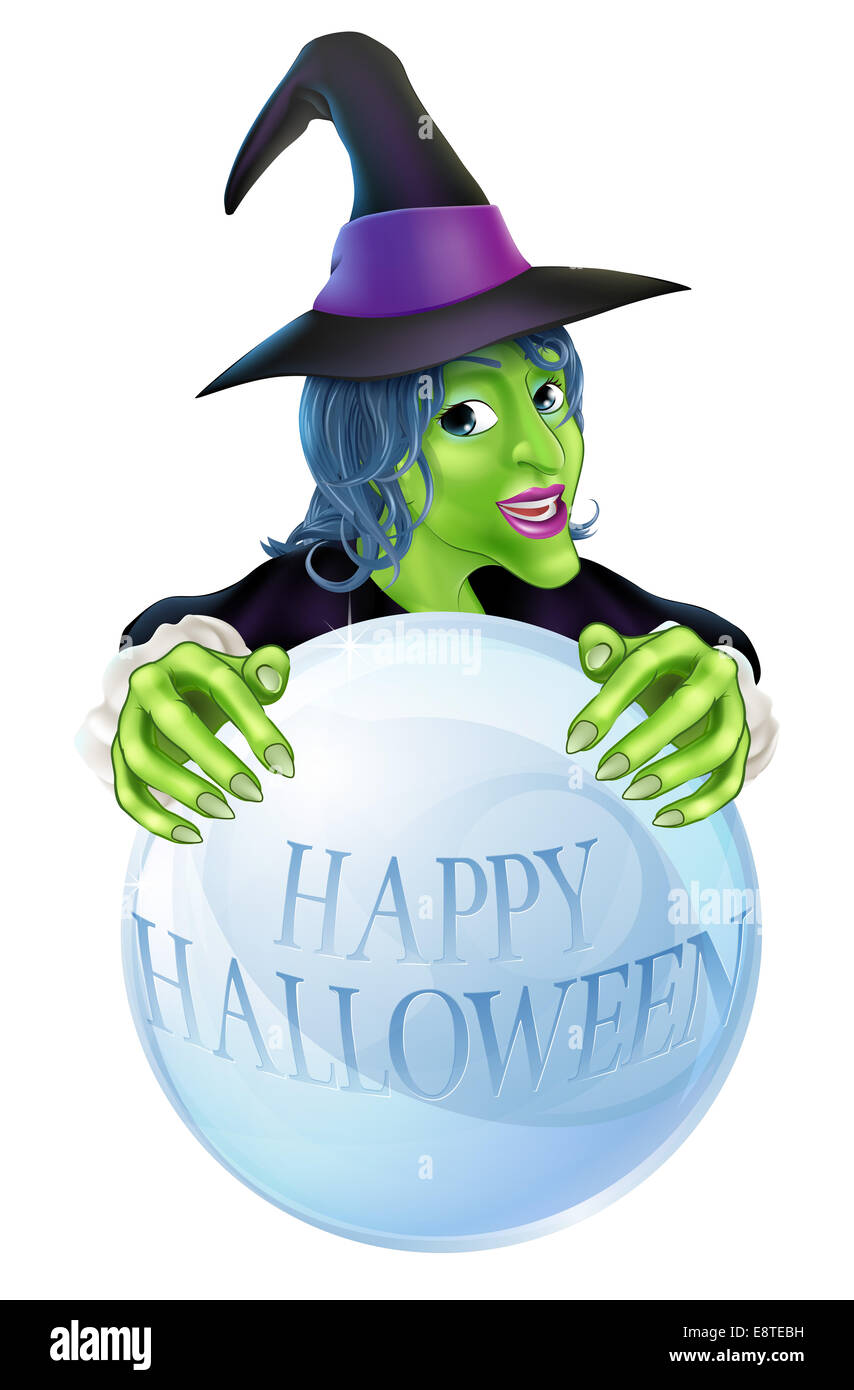 Une illustration d'un cartoon Halloween sorcière et Crystal Ball lecture Happy Halloween Banque D'Images