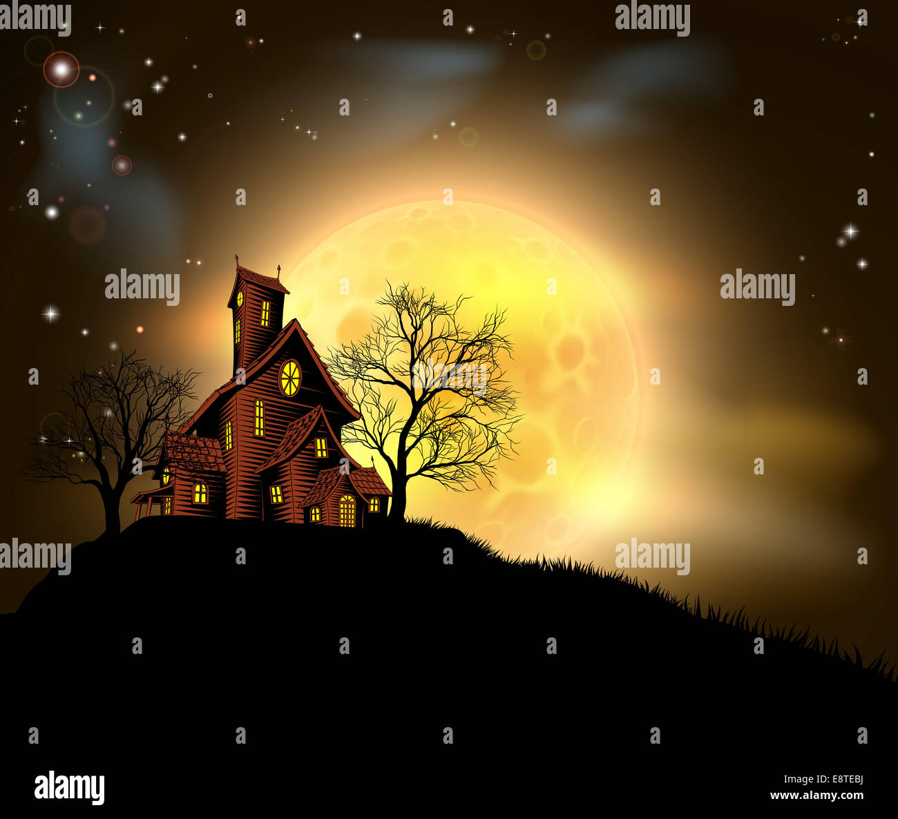 Une maison hantée Halloween illustration avec un spooky house au sommet d'une colline avec une grande pleine lune dans l'arrière-plan Banque D'Images