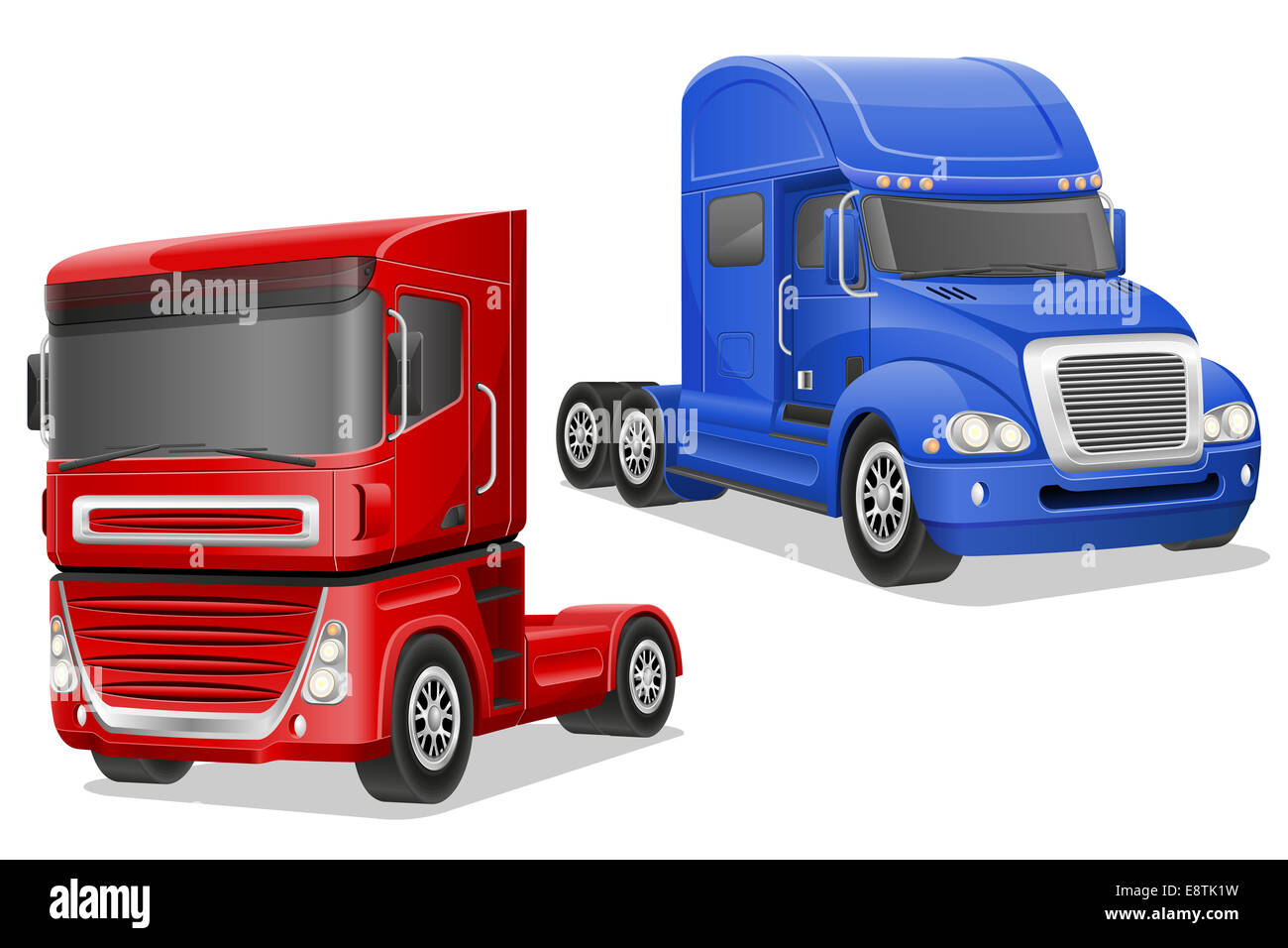 Grand bleu et rouge camions illustration isolé sur fond blanc Banque D'Images