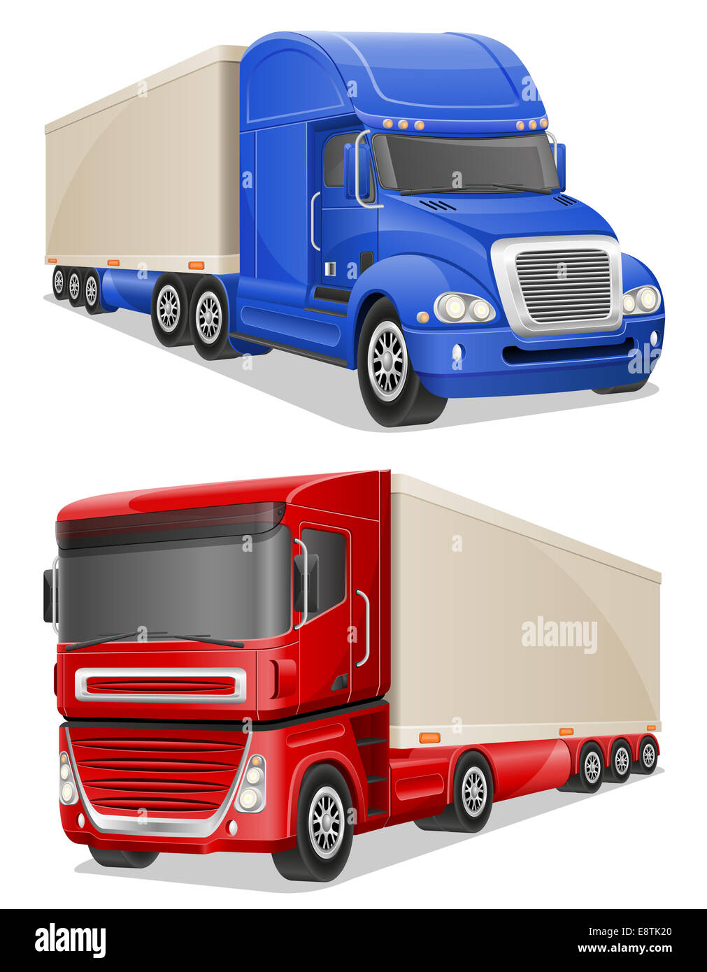 Grand bleu et rouge camions illustration isolé sur fond blanc Banque D'Images