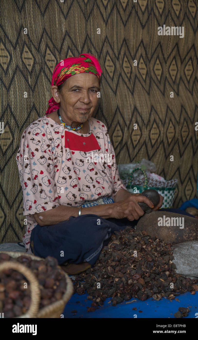 Un membre de la coopérative dépose les coquilles de la noix d'Argan. 'Marjana' le Maroc. Banque D'Images