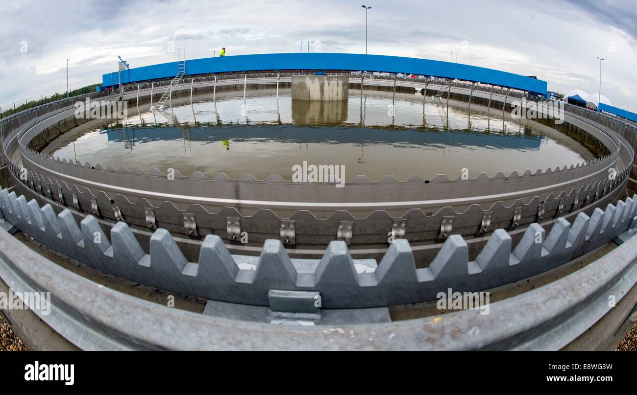 Wandlitz, Allemagne. 15 Oct, 2015. Vue d'un bassin de décantation à ciel ouvert le nouveau site de traitement de l'eau 'Am Weinberg' dans Wandlitz, Allemagne, 15 octobre 2015. L'eau, marron à partir de l'hydroxyde de fer, vient de près par brown coal mine à Welzow-Sued. Un nouveau site de traitement de l'eau à ciel ouvert (GWBA), mis en service aujourd'hui, a été construit sur la remise en culture des surfaces le Welzow-Sued strip mine. Il devrait jouer un rôle central dans la fourniture de la mine à la zone à l'eau. Photo : Patrick Pleul/ZB/dpa/Alamy Live News Banque D'Images