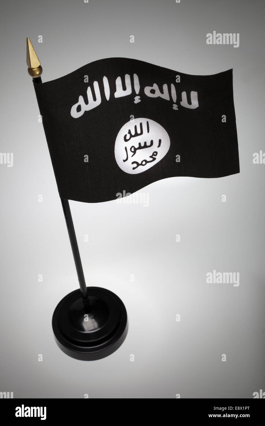 Petit pavillon de l'ISIL, ISIS dans un stand avec fond gris. Angle élevé et faible profondeur de champ. Banque D'Images