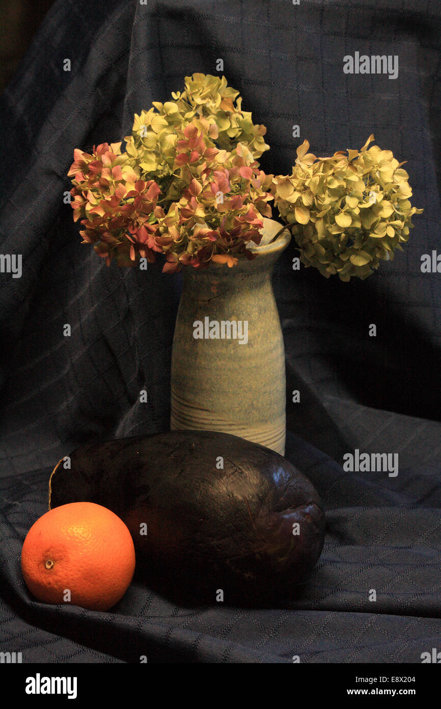 Still Life, orange, aubergine et hortensias Banque D'Images