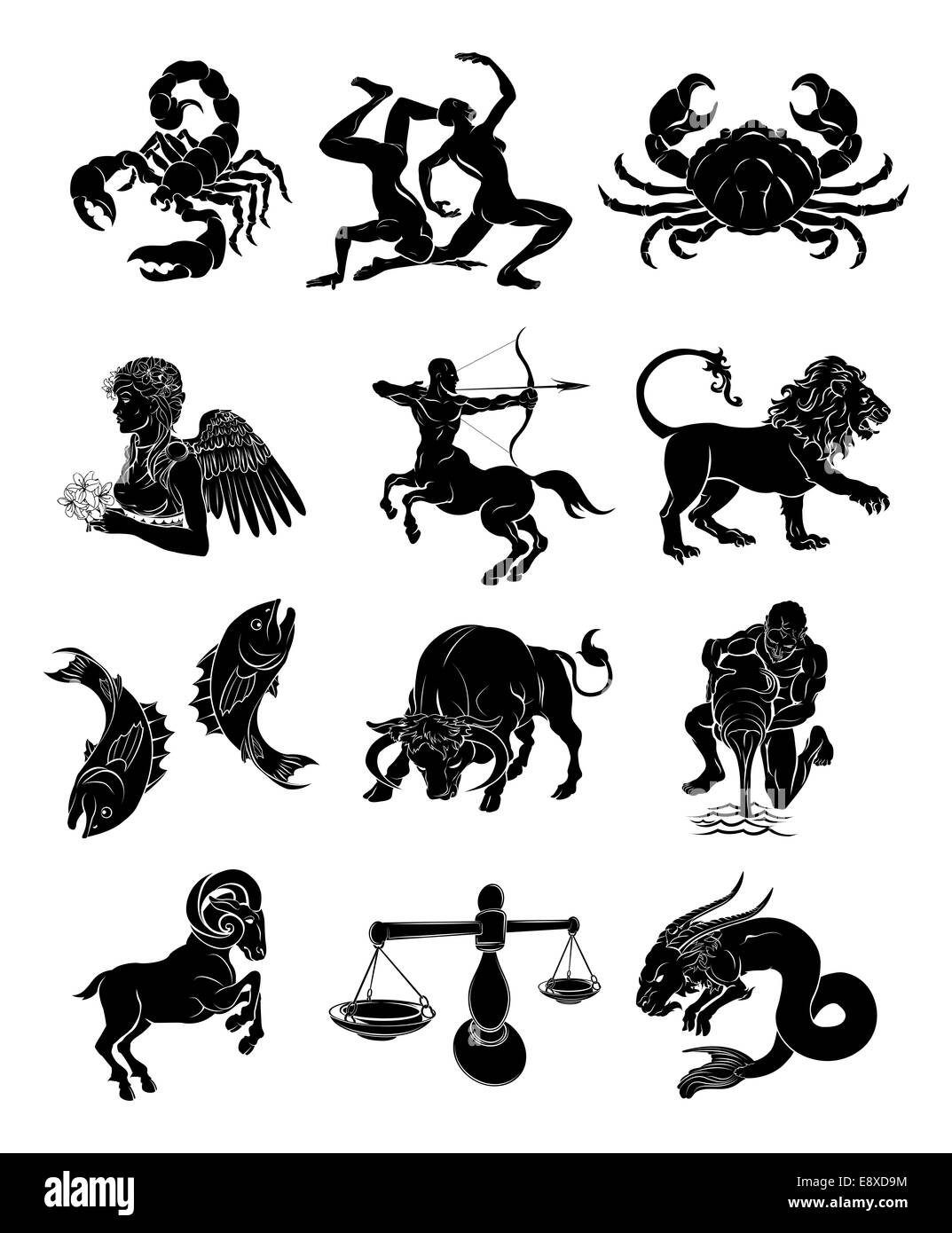 Horoscope astrologie les douze signes du zodiaque. Verseau Bélier Taureau Gémeaux Scorpion Sagittaire Capricorne Gémeaux Cancer Lion Banque D'Images