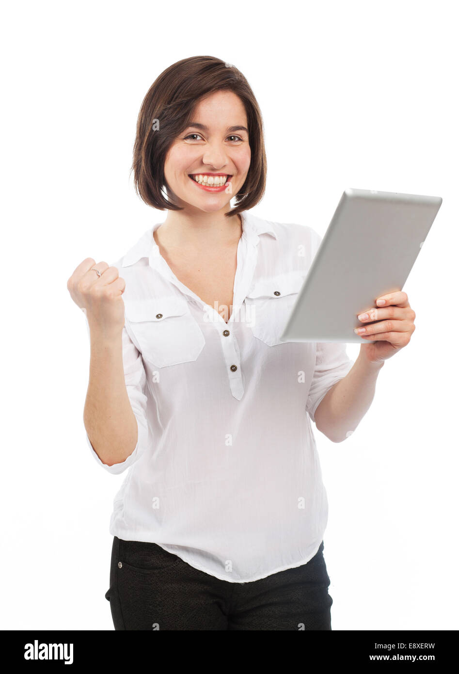 À l'aide d'une femme réussie, tablette électronique isolated on white Banque D'Images