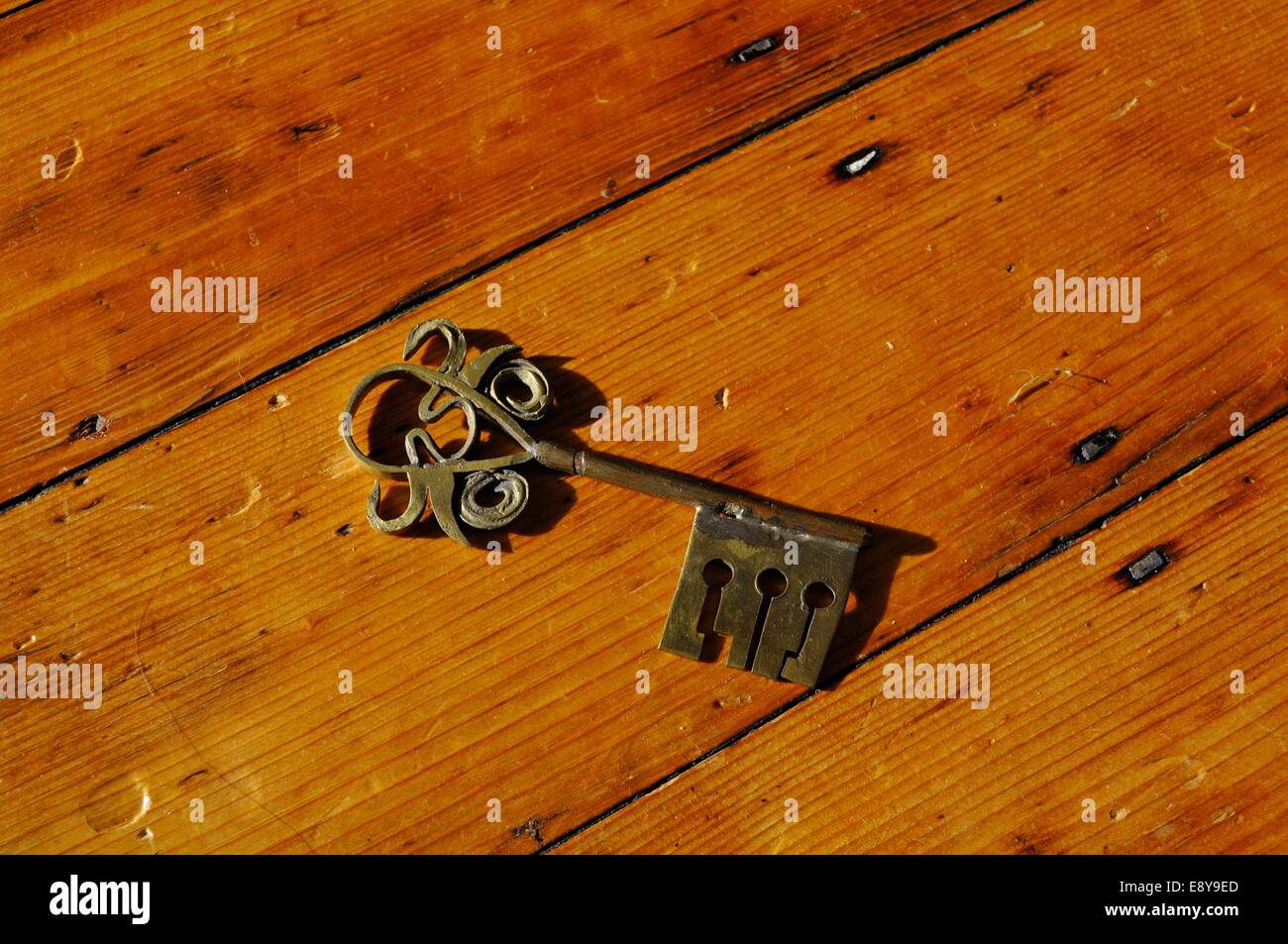 Décorées d''une clé de fer se trouve sur un plancher de bois Banque D'Images