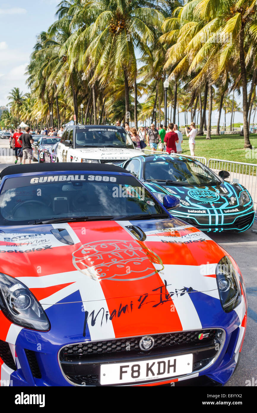 Miami Beach Florida,Ocean Drive,Gumball 3000 Road race Motor Rally,voitures de sport,course,exposition collection Union Jack,FL140604012 Banque D'Images