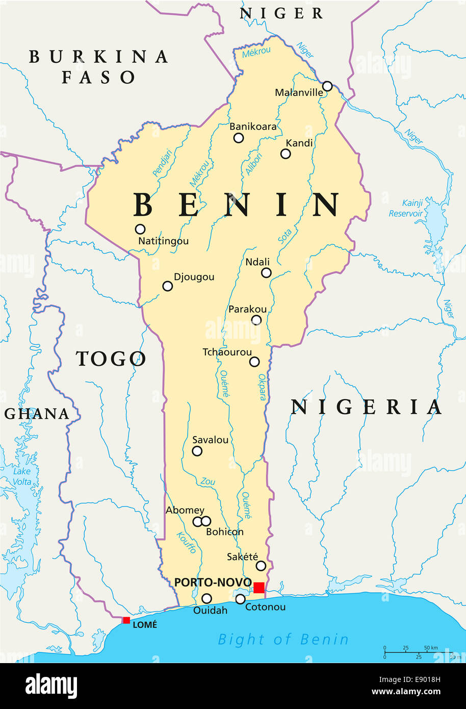 Carte politique du Bénin Porto-Novo, capitale des frontières nationales, la plupart des grandes villes, rivières et lacs. L'étiquetage en anglais. Banque D'Images