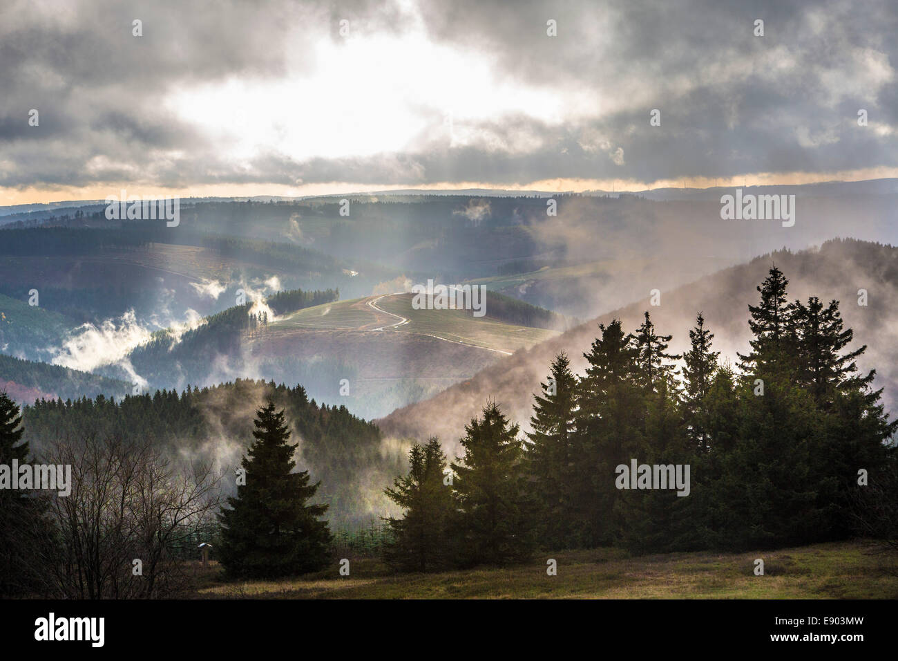 Sauerland, Central Mountain au nord de l'Allemagne de l'ouest, tôt le matin du brouillard en automne. Tempête, stormy clouds over mountain tops Banque D'Images