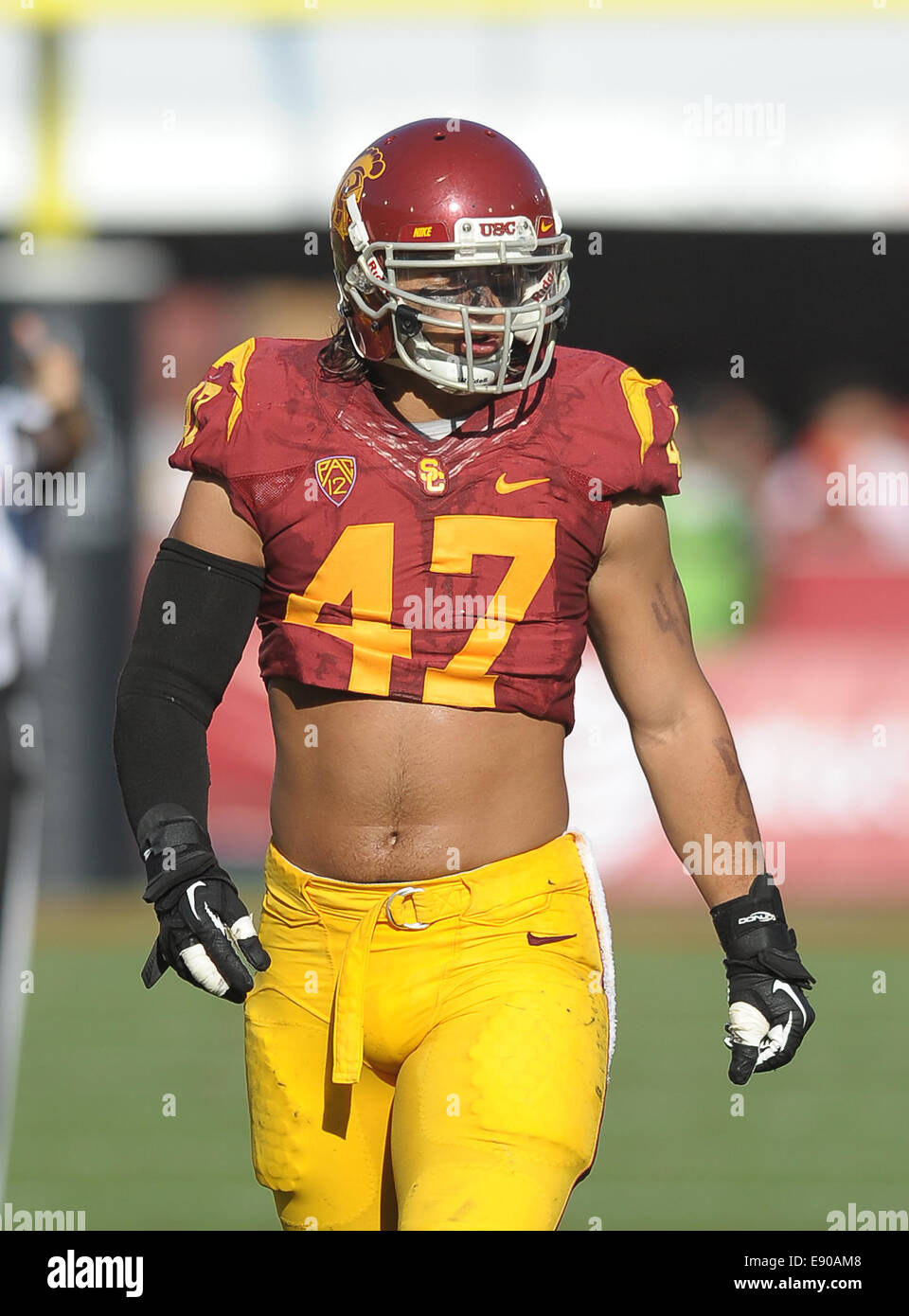 30 août 2014, Los Angeles, CA...USC Trojans secondeur extérieur (47) Scott Felix dans l'action de battre les fresno State bulldogs 52-13 samedi soir. Les Troyens a dirigé une école- et Pac-12-record de 105 parties tandis que d'accumuler 37 701 premiers downs et verges d'infraction total à Fresno Membres 17 premiers downs et 317 verges, au Los Angeles Memorial Coliseum, le 30 août 2014. (Crédit obligatoire : Jose Marin / MarinMedia.org / Cal Sport Media) (absolument tous - photographe complet, et de l'entreprise Crédit(s) requis) Banque D'Images