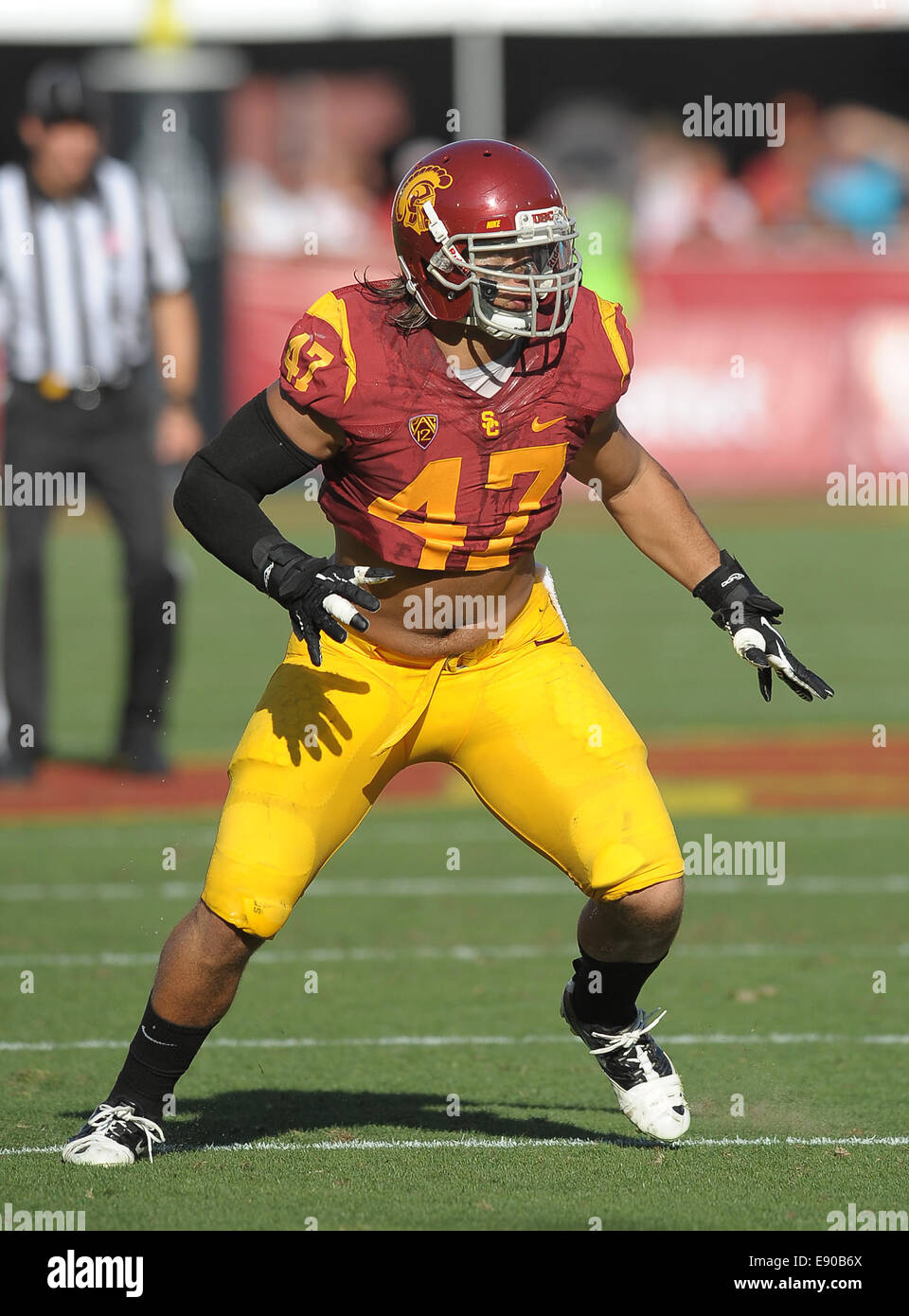 30 août 2014, à Los Angeles, CA.USC Trojans secondeur extérieur (47) Scott Felix dans l'action de battre les fresno State bulldogs 52-13 samedi soir. Les Troyens a dirigé une école- et Pac-12-record de 105 parties tandis que d'accumuler 37 701 premiers downs et verges d'infraction total à Fresno Membres 17 premiers downs et 317 verges, au Los Angeles Memorial Coliseum, le 30 août 2014. (Crédit obligatoire : Jose Marin/MarinMedia.org/Cal Sport Media) (absolument tous - photographe complet, et de l'entreprise Crédit(s) requis) Banque D'Images