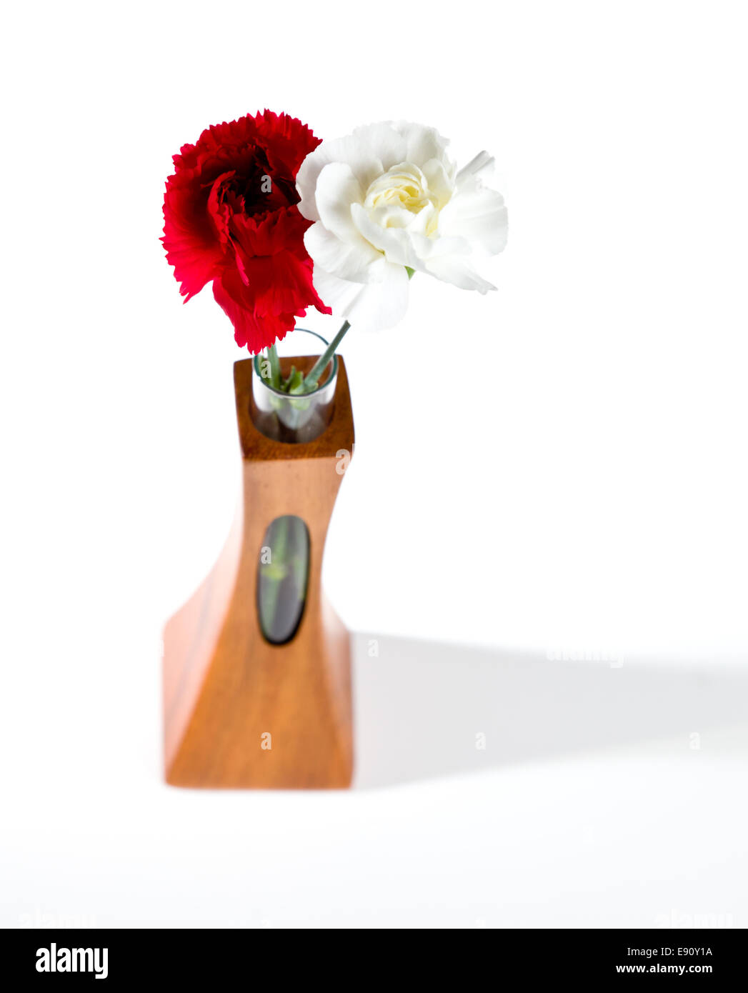 Spray rouge et blanc des œillets dans vase en teck Banque D'Images