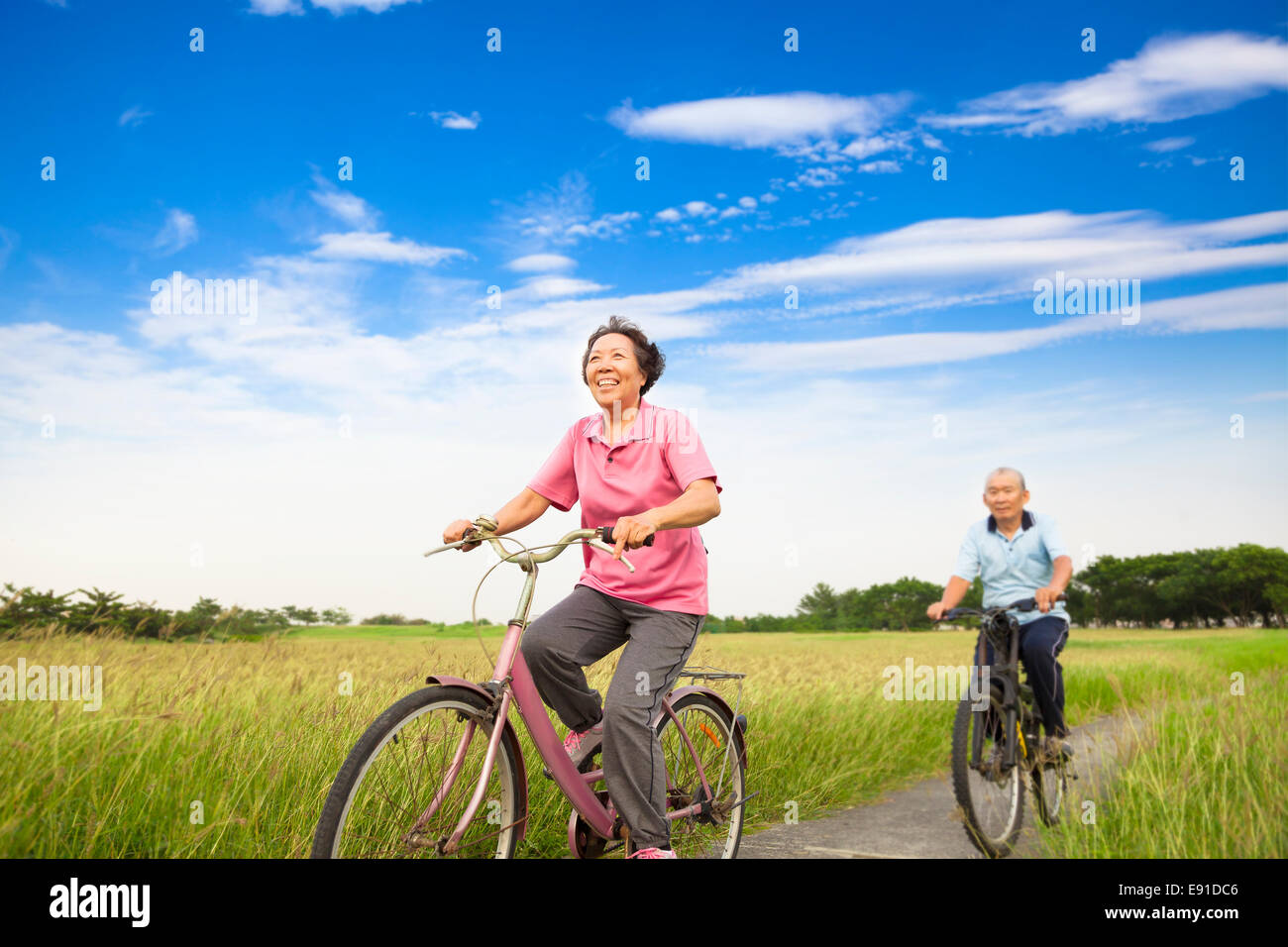 Les personnes âgées personnes âgées Happy Asian couple walking in ferme avec fond de ciel bleu Banque D'Images
