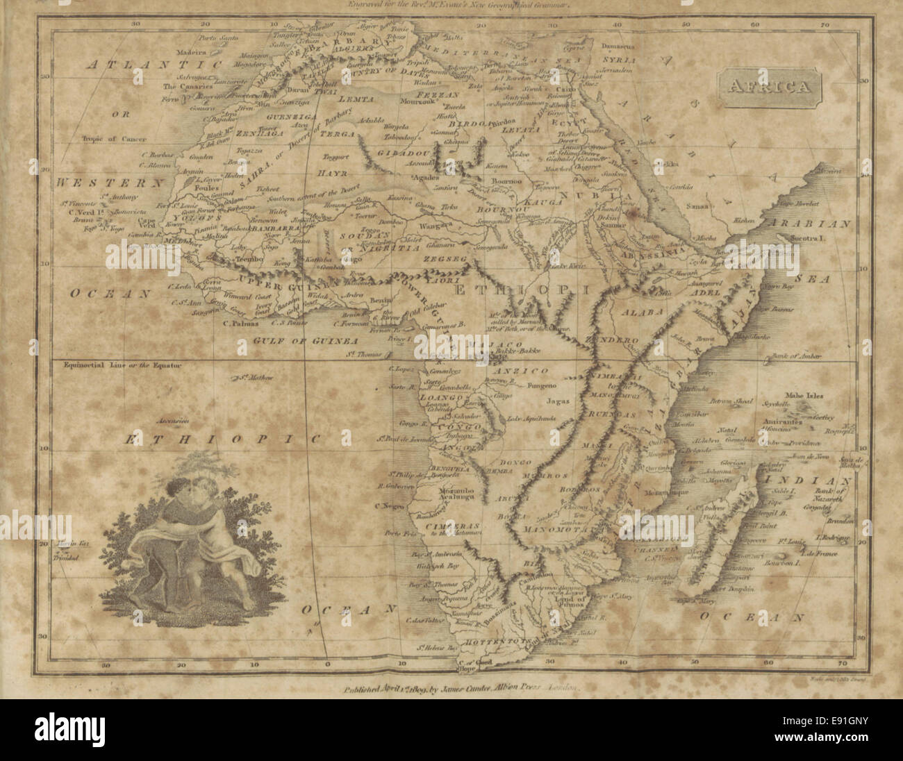 Cette carte de l’Afrique de 1811 offre une représentation vintage des caractéristiques géographiques du continent au début du XIXe siècle, mettant en évidence les régions, les pays et les intérêts coloniaux clés. Banque D'Images Cette carte de l’Afrique de 1811 offre une représentation vintage des caractéristiques géographiques du continent au début du XIXe siècle, mettant en évidence les régions, les pays et les intérêts coloniaux clés. Banque D'Images