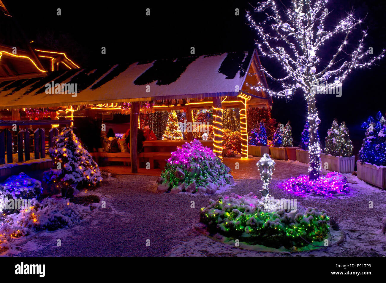 Fantaisie de Noël - lumières d'arbre et lodge Banque D'Images
