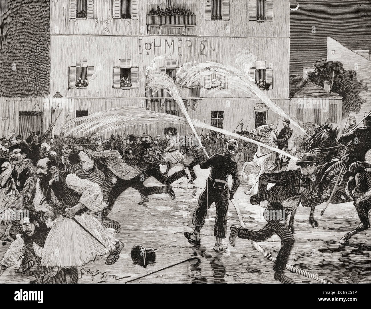 Les élections de 1892. Une manifestation populaire à Athènes, Grèce, dispersés par les pompiers à l'aide de tuyaux d'eau. Banque D'Images