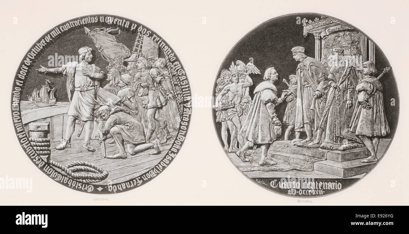 Médaillon commémorant le 400 e anniversaire de la découverte de l'Amérique par Christophe Colomb en 1492. Banque D'Images