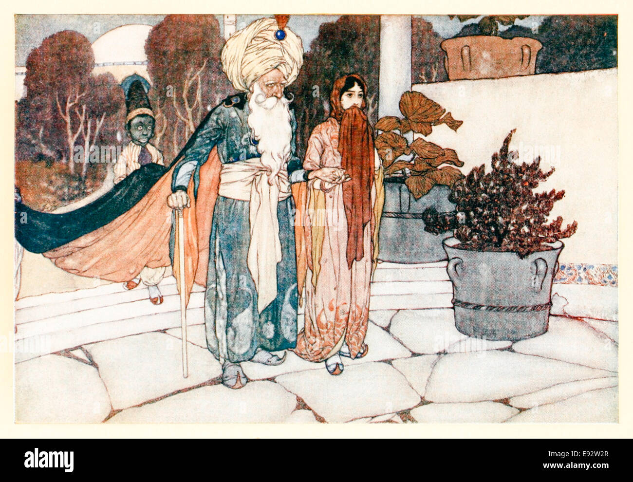 Le roi d'Harran conduit la princesse de Deryabar - Edmund Dulac illustration de 'l'histoire de la princesse de Deryabar' dans 'Stories de l'Arabian Nights'. Voir la description pour plus d'informations Banque D'Images