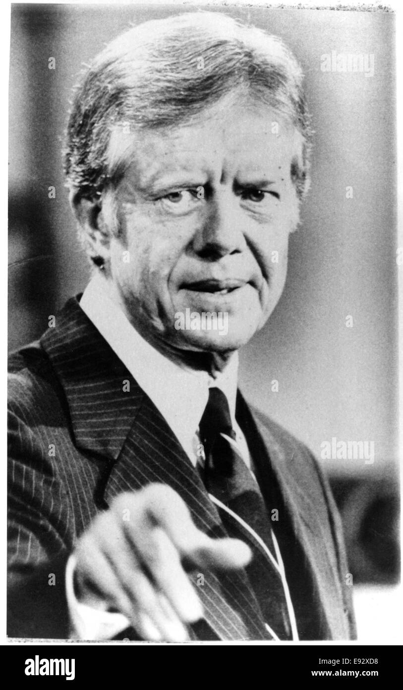Jimmy Carter, président des États-Unis, Portrait pendant une conférence de presse à l'ambassade des Etats-Unis otages à Téhéran, Iran, 1979 Banque D'Images