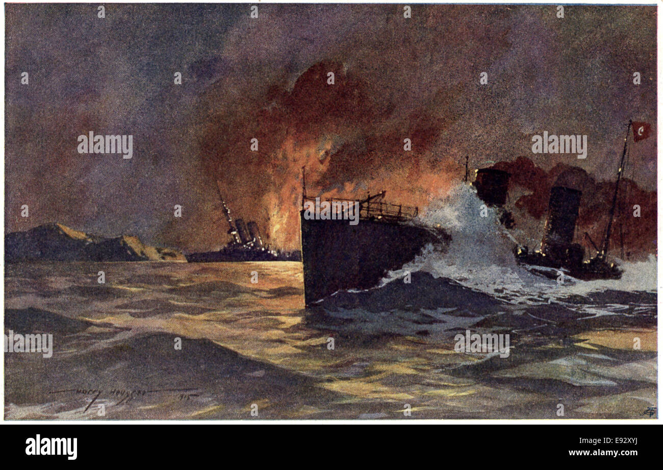 Le torpillage du cuirassé britannique HMS Goliath au cours de campagne des Dardanelles, LA PREMIÈRE GUERRE MONDIALE, carte postale de la peinture par Harry Heusser, vers 1915 Banque D'Images