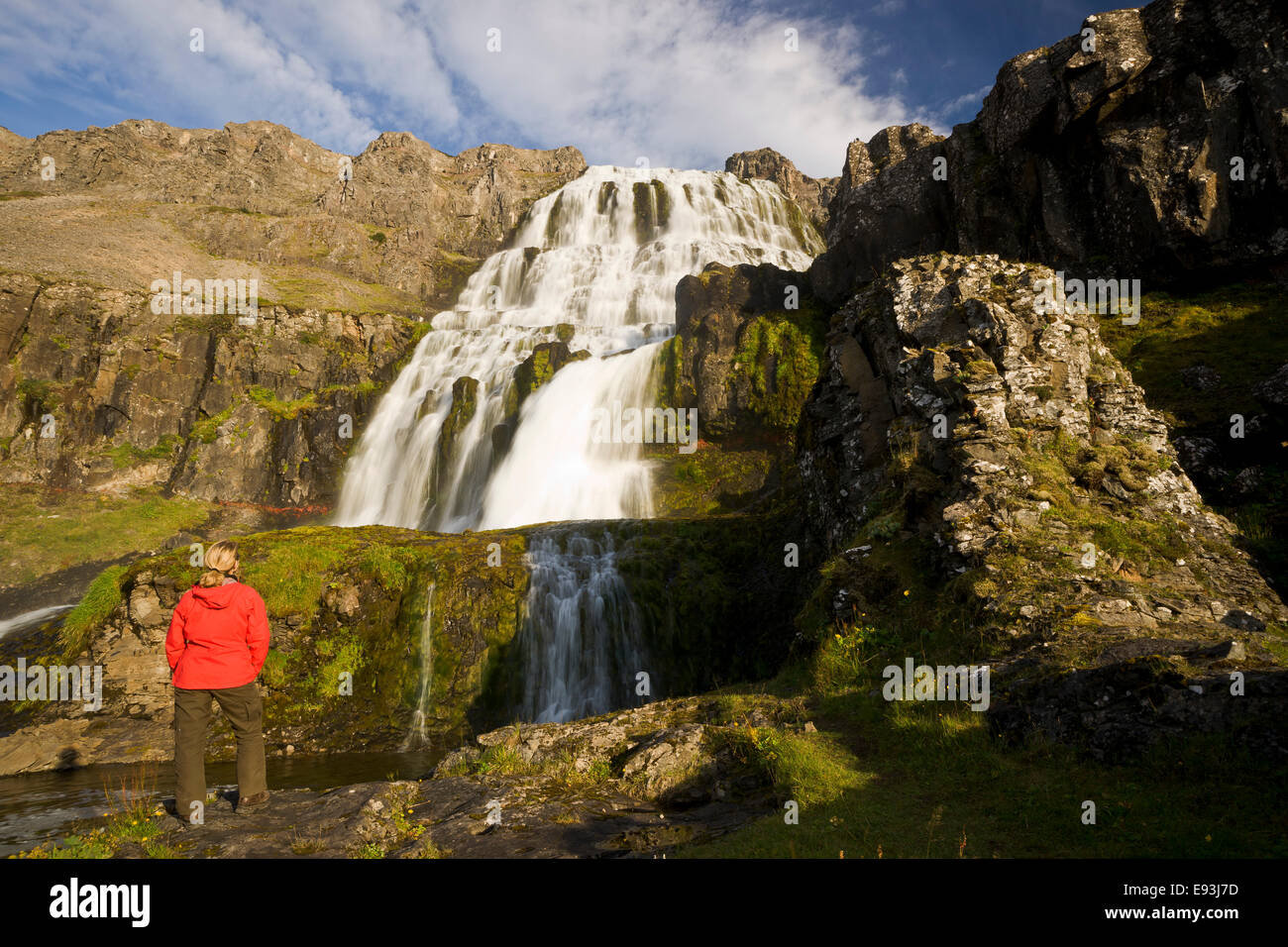Randonneur en face de la cascade de Dynjandi, Fjallfoss, Islande, Fjords de l'Ouest Banque D'Images