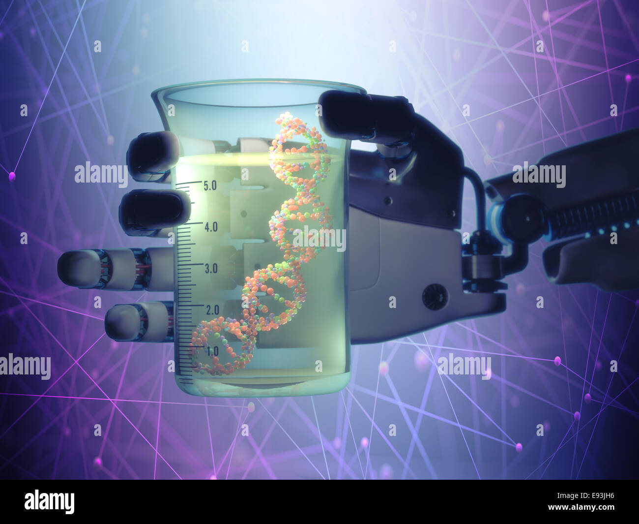 Robotic main tenant un tube à essai à l'intérieur de l'ADN. Technologie concept la manipulation de la vie organique. Banque D'Images