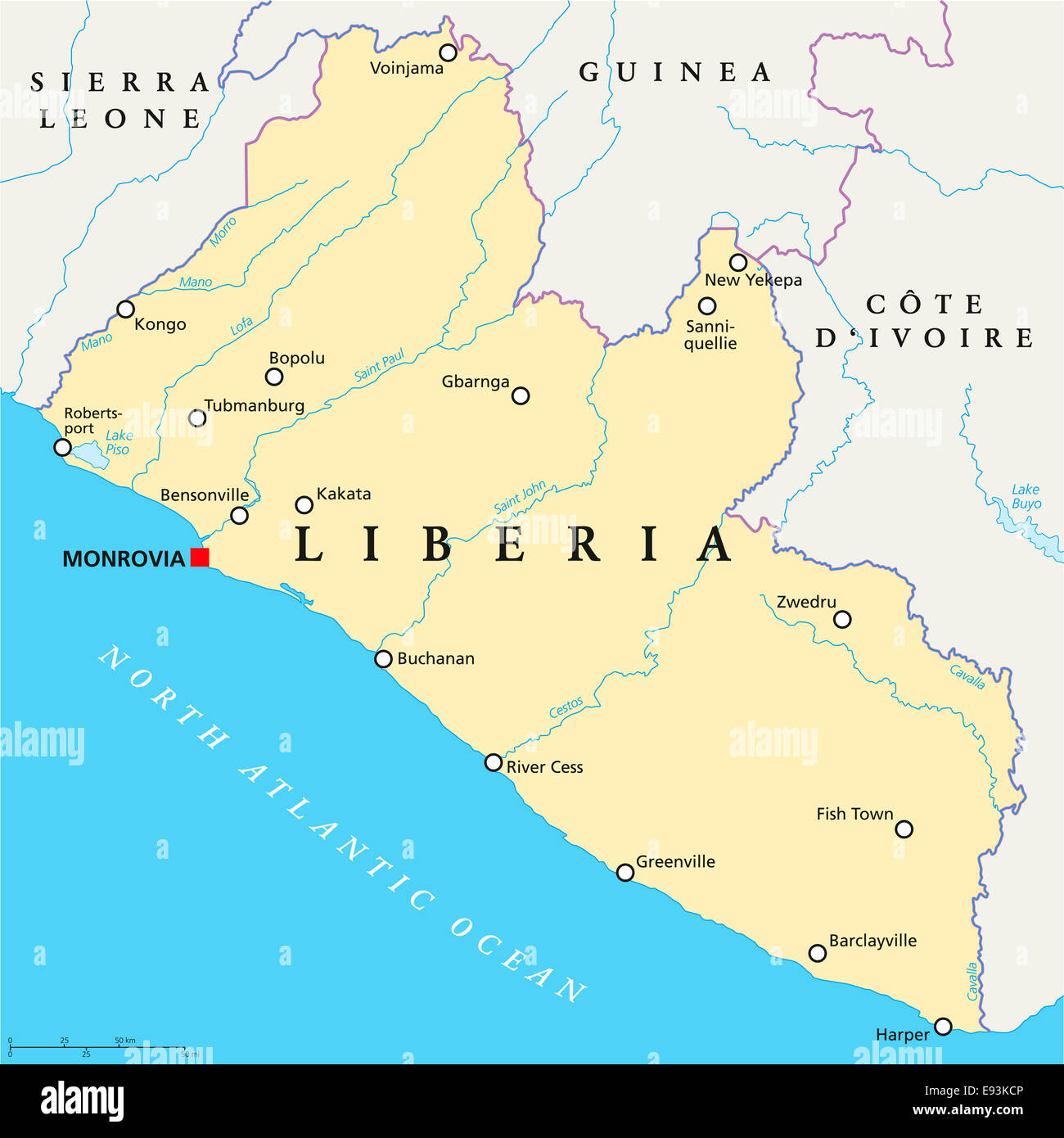 Carte politique du Libéria à Monrovia, capitale des frontières nationales, d'importantes villes, rivières et lacs. English l'étiquetage et à l'échelle. Banque D'Images