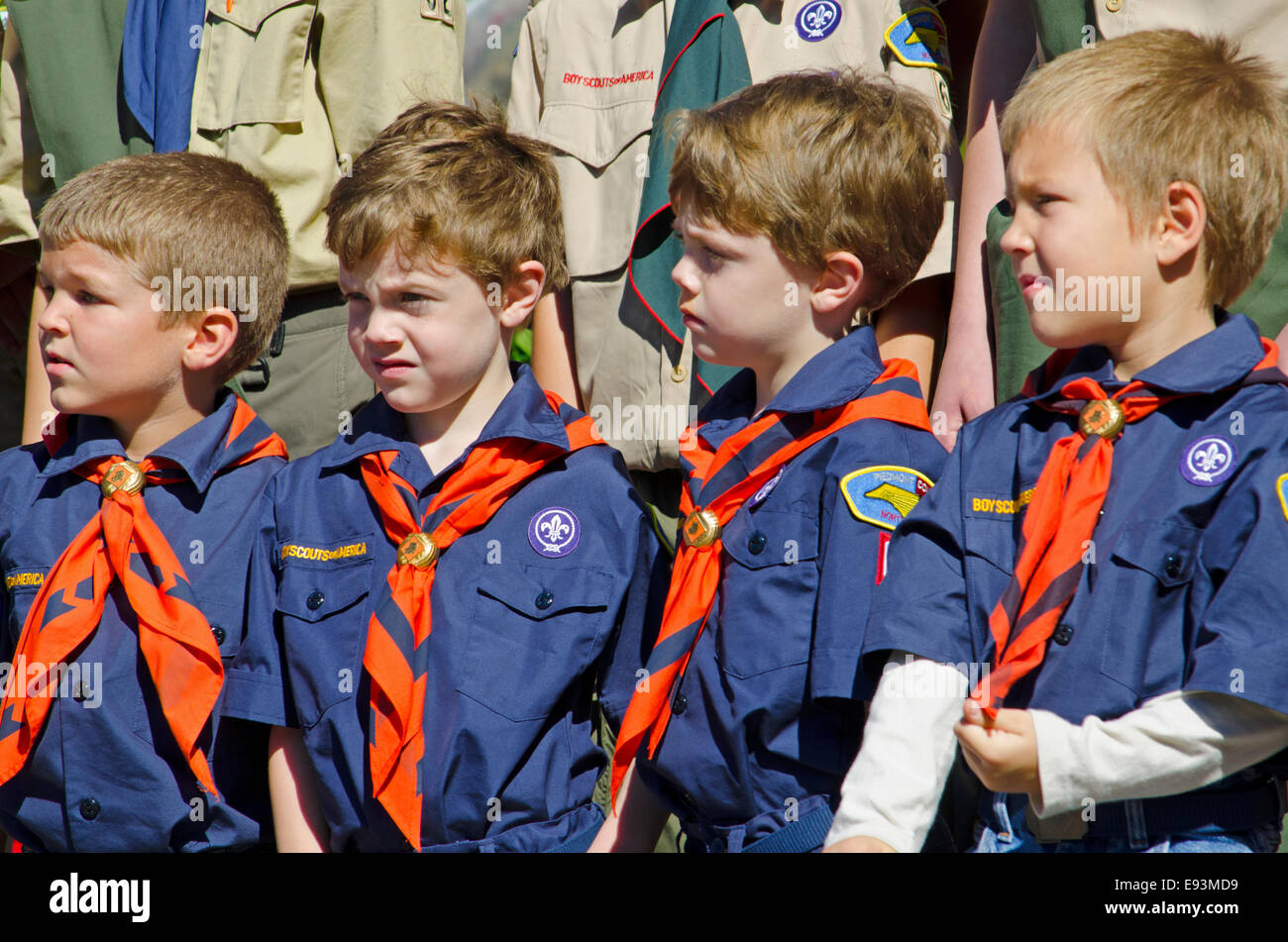 Scouts et louveteaux d'Amérique au garde à vous lors d'un discours en l'honneur des anciens combattants de la Deuxième Guerre mondiale. Banque D'Images