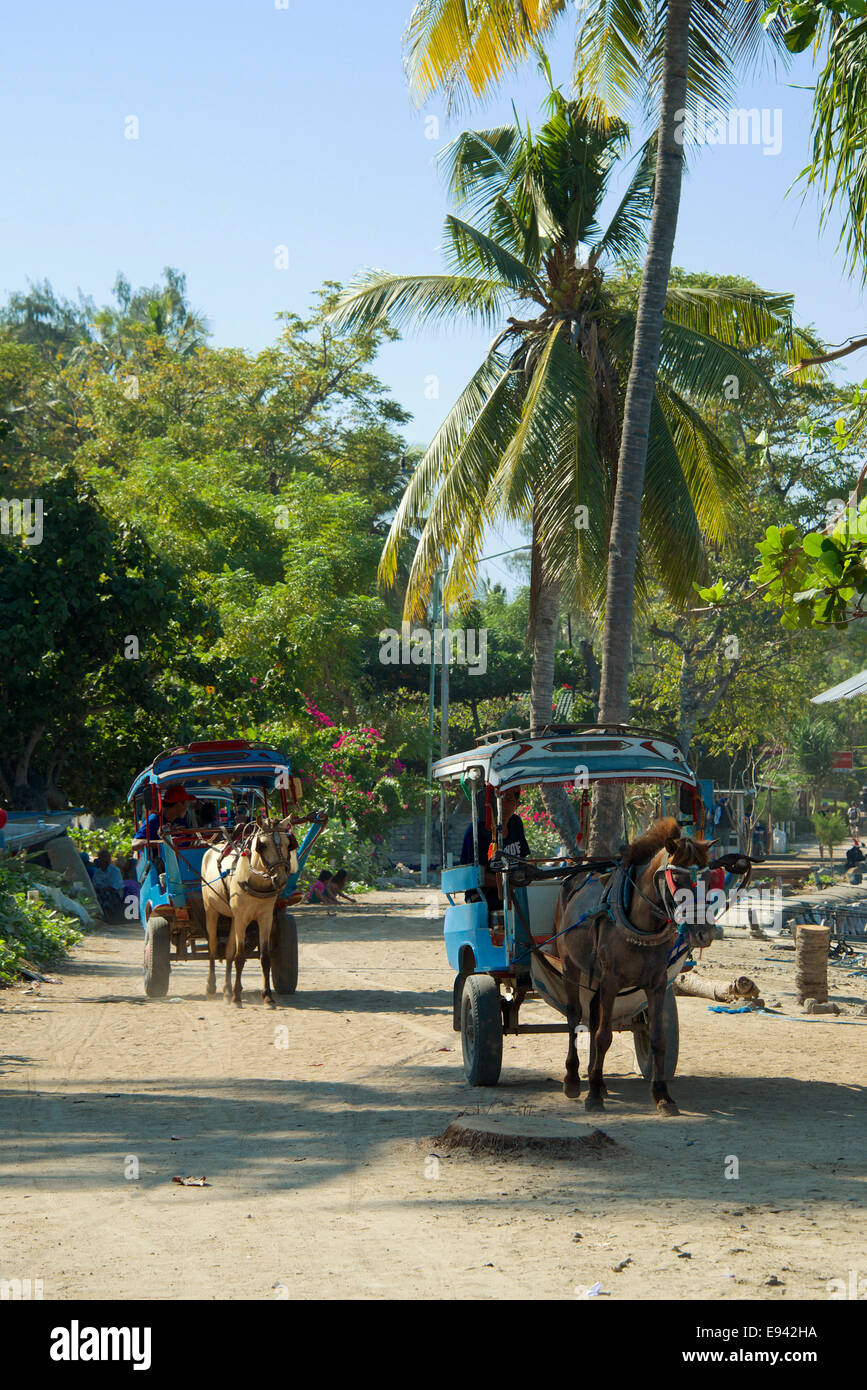 Deux taxis tirés par des chevaux Indonésie Lombok Gili Air Banque D'Images