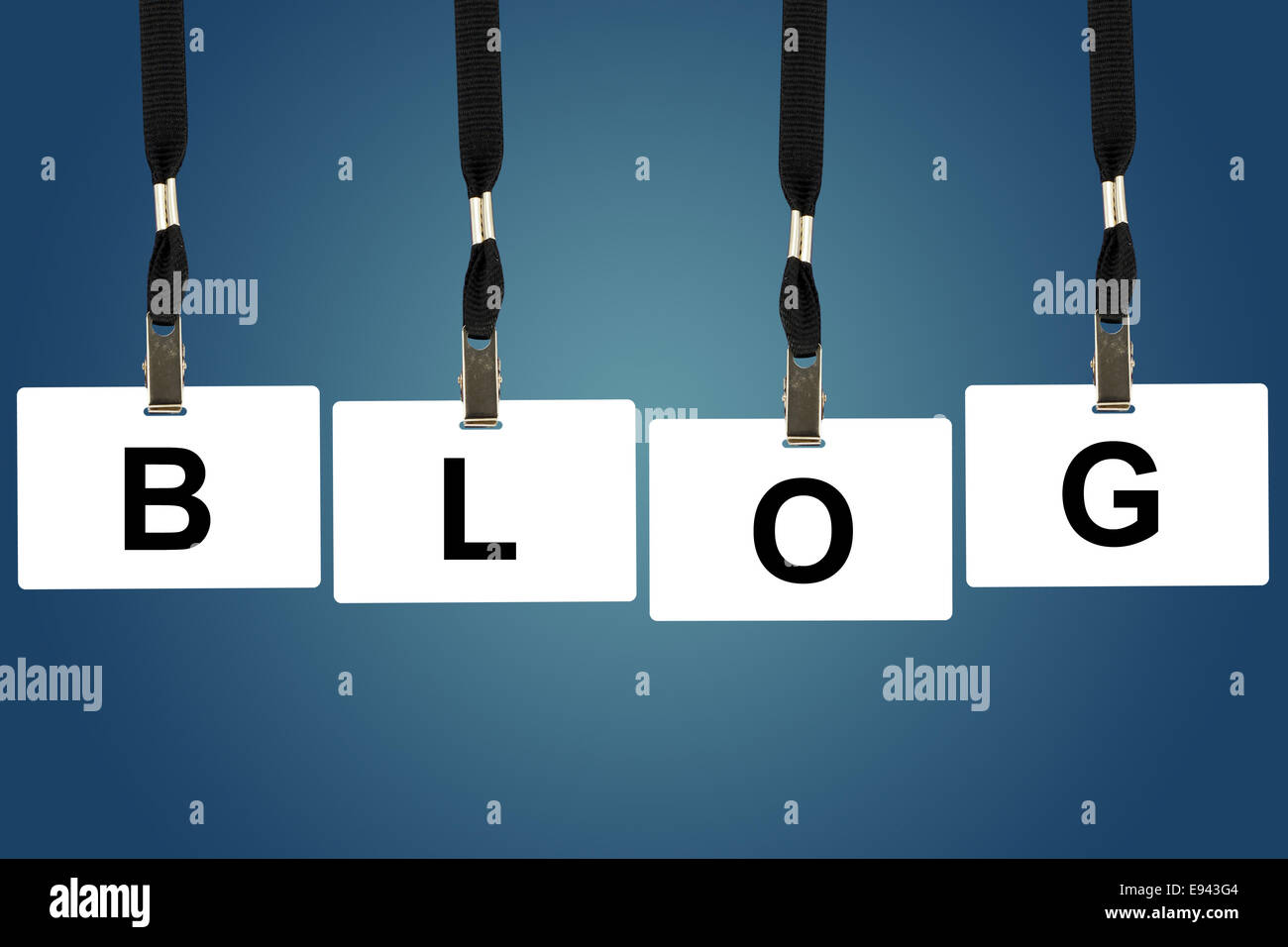 Blog sur word d'un insigne avec fond bleu Banque D'Images